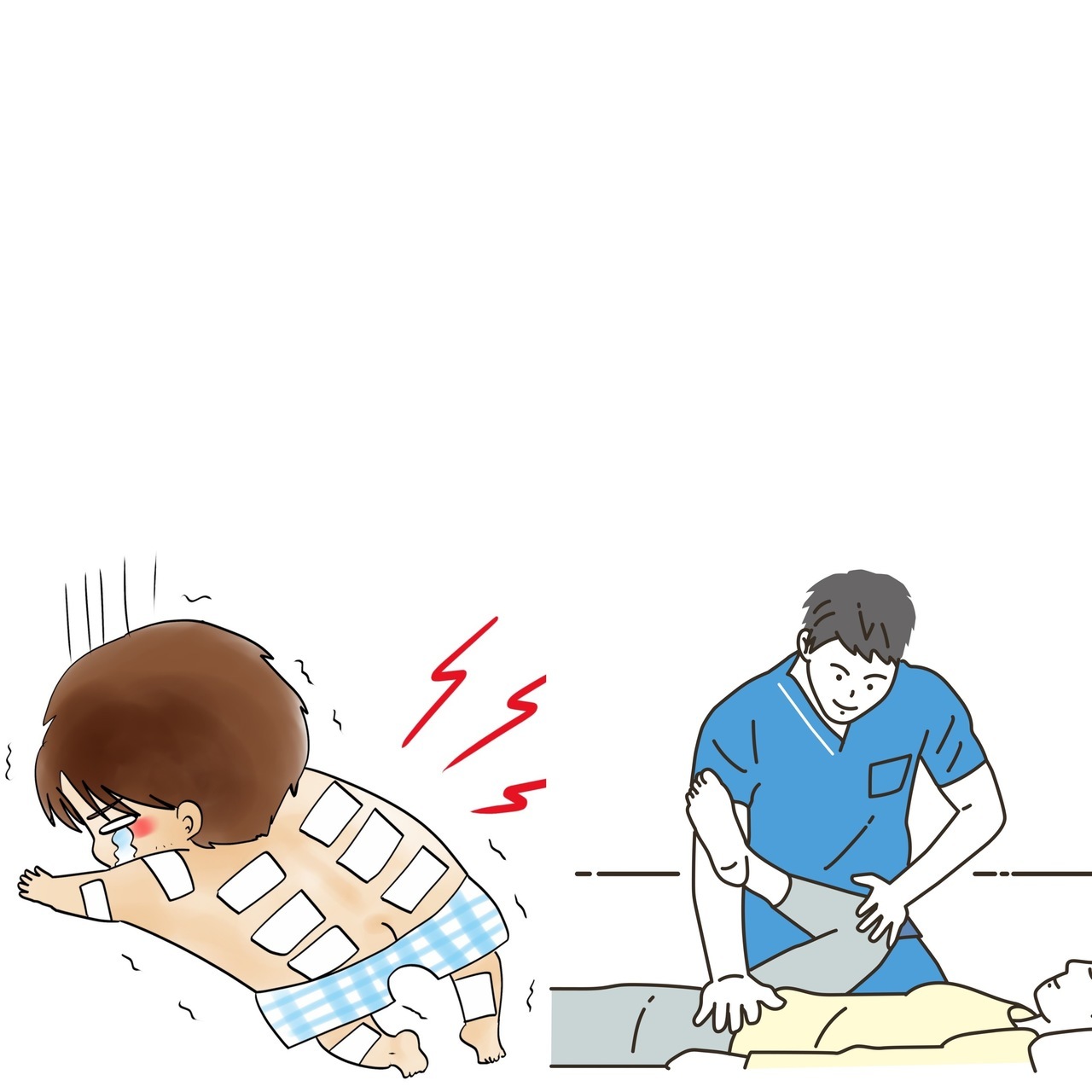 湿布を張った男性と施術を受ける女性